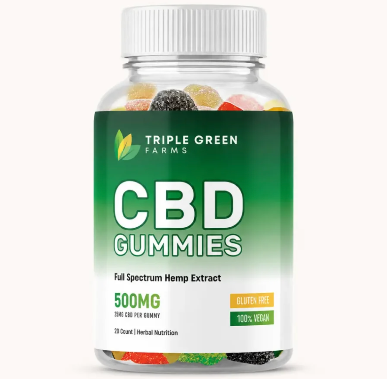 Triple Green Farms CBD Gummies™ bottle, 500mg full spectrum hemp extract