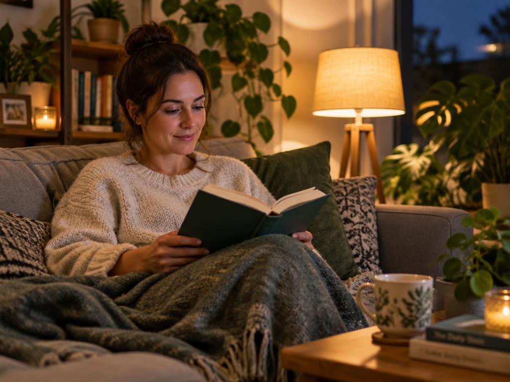 Woman relaxing with a book in the evening