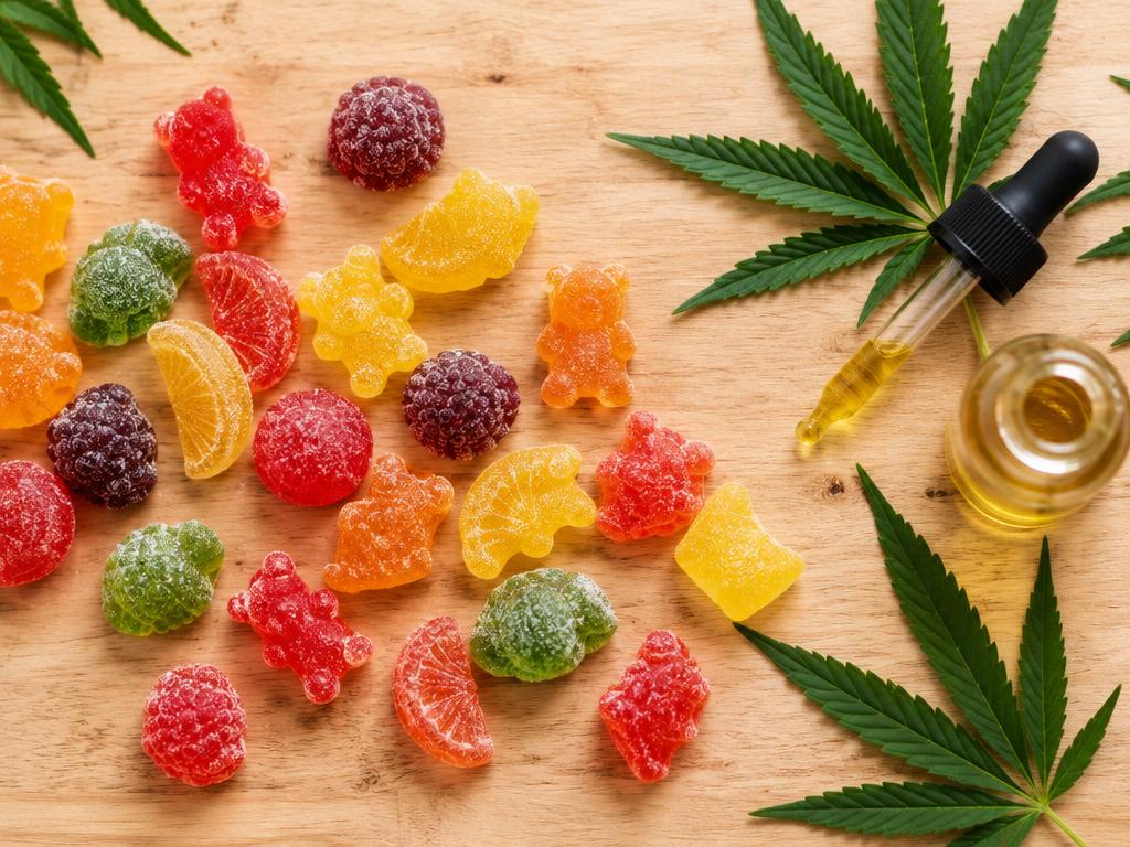 Colorful CBD gummies with hemp leaves and oil